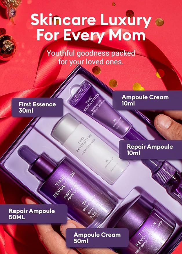 MISSHA Time Revolution Night Repair 5X Gift Set Night Repair Ampoule and Cream 5X, The First Essence 5X for Youthful, Glowing Skin