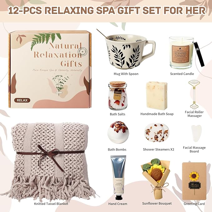 Get Well Soon Gifts Baskets for Women - Self Care Spa Care Package w/Blanket, After Surgery Inspirational Thinking of You Sympathy Gift, Relaxing Birthday Relaxation Basket for Mom Wife Her