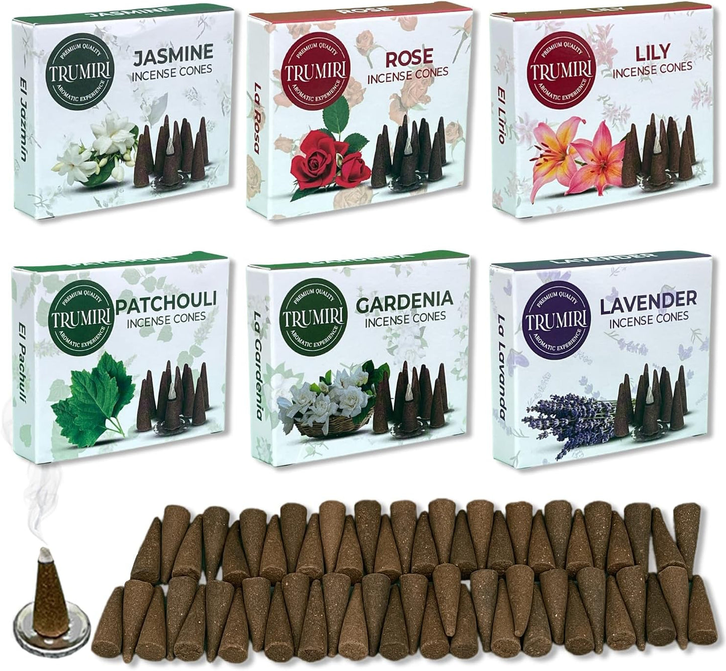 Trumiri Floral Incense Cones - Variety Pack - Total 60 Cone Incense (6 Scents x 10 Conos) - Rose, Lavender, Jasmin, Patchouli, Gardenia, Lily - Cone Incense Scents - Insense Cones - Incent Cone