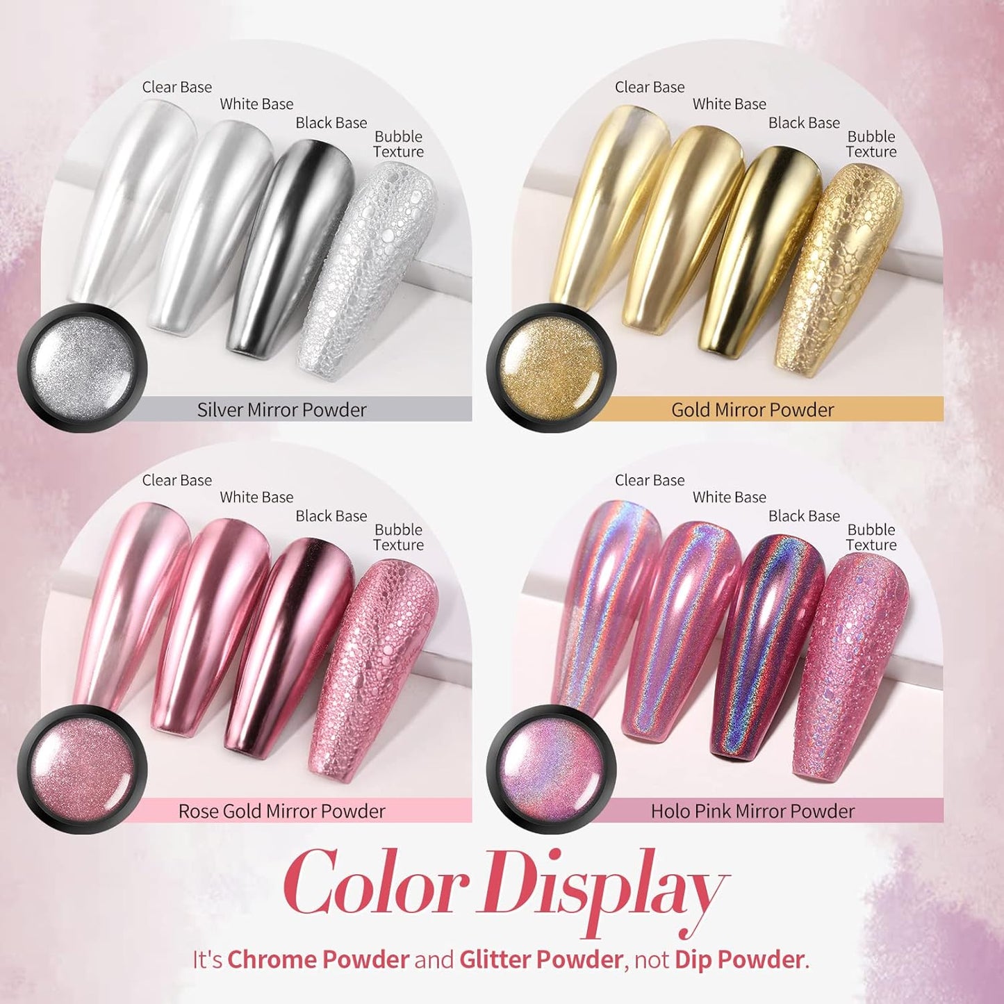 Born Pretty Chrome Nail Powder Metallic Mirror Powder Holographic Pigment Powder Manicure Nail Art Decoration Sets Silver Gold Pink Rose Gold 4 Boxes