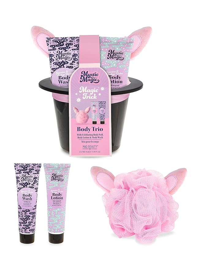 MAD BEAUTY Mystic Magic Rabbit in the Hat Body Trio, 3-in-1 Bath Kit: Exfoliating Loofah, Body Lotion, & Body Wash, Gorgeous Jasmine & Indigo Violet, Relax & Unwind, Great Self-Care Gift Set
