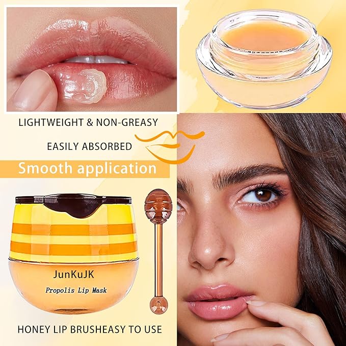 3 Pcs Bee Lip Balm Honey Pot with Stick,Moisturizing Lip Mask Overnight,Day and Night Tinted Sleeping Lip Balm,Hydrating Lip Scrubs Exfoliator & Moisturizer