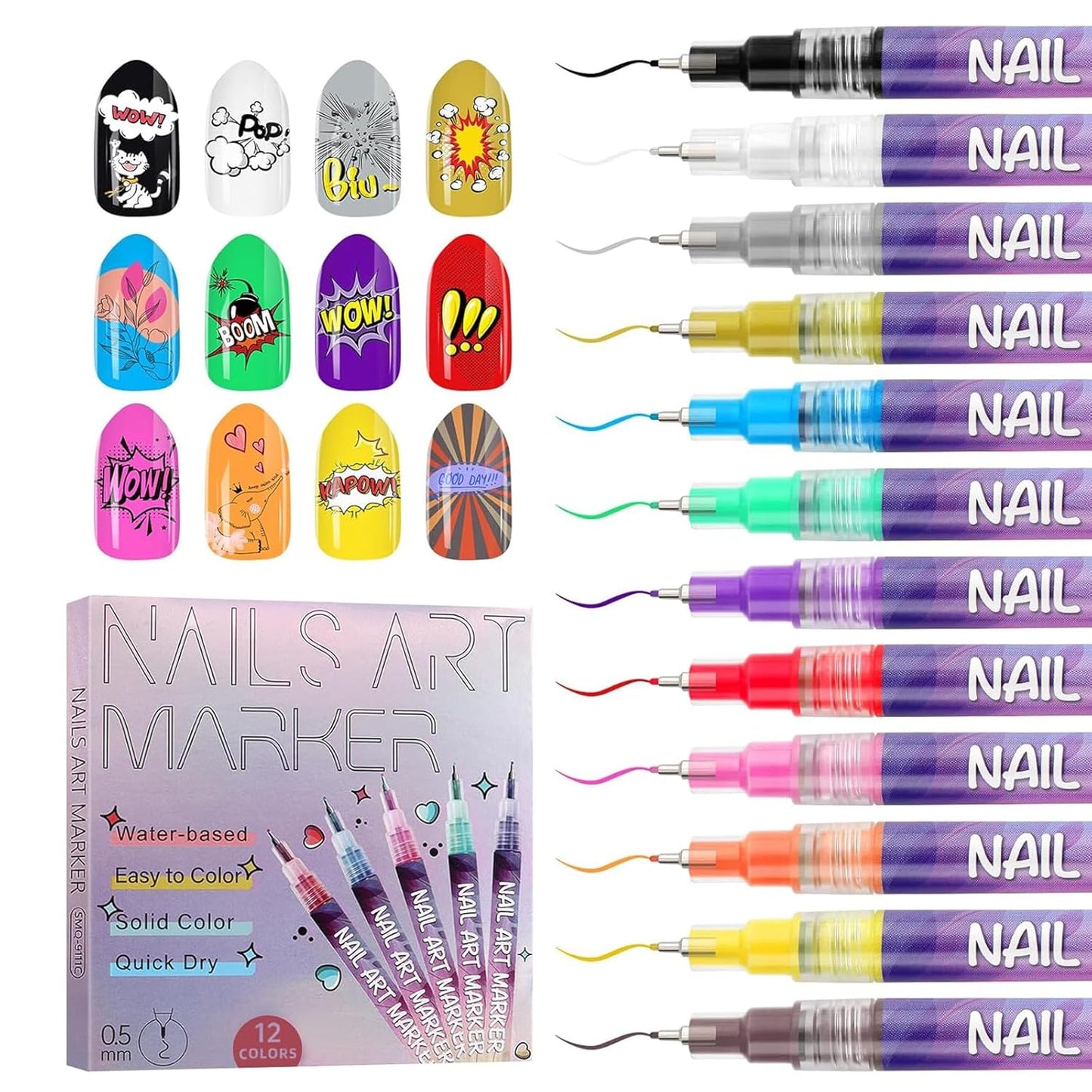12 Color Acrylic paint pen Set, Kalolary Nail Polish Pens Nail Point Graffiti Dotting Pen Drawing Painting Liner Brush for DIY Nail Art Beauty Adorn Manicure Tools