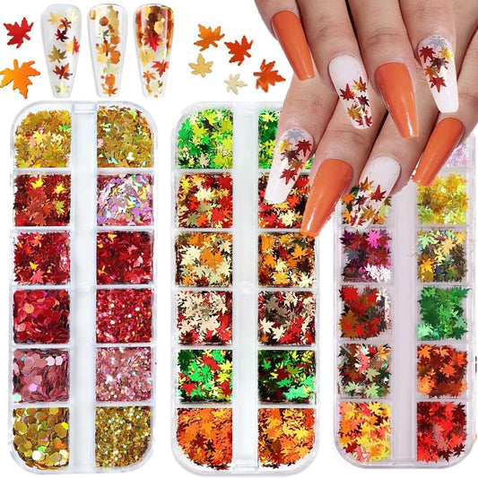 Fall Leaf Glitter Nail Sequins,3 Boxes Holographic Maple Leaf Nail Art Flakes Orange Red Gold Autumn Glitter Sticker Decals Manicure DIY Thanksgiving Decorations 36 Styles