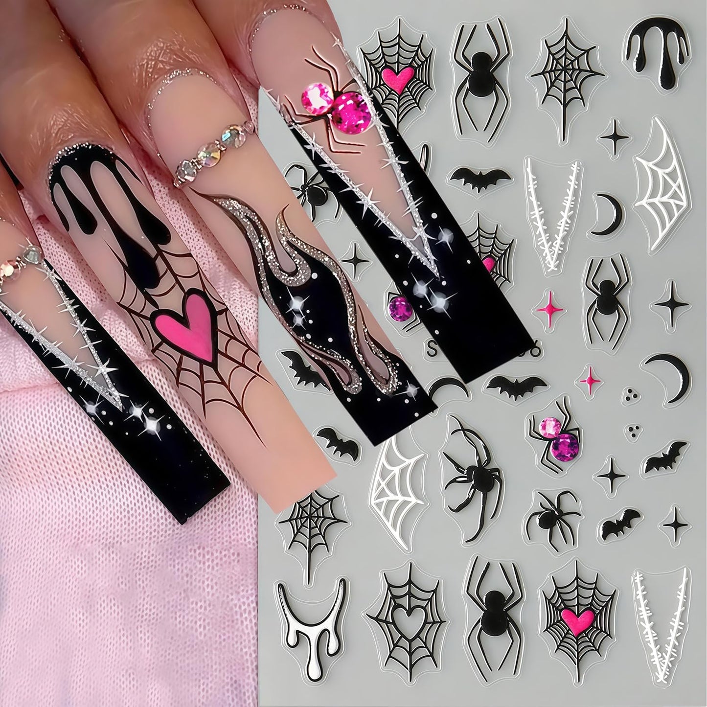 Halloween Nail Stickers for Nail Art 6 Sheets Self-Adhesive Spider Web Ghost Diamond Spider Bat Nail Art Stickers Halloween Spooky Decals Spiders Bat Sticker Holiday DIY Manicure Decoration for Women