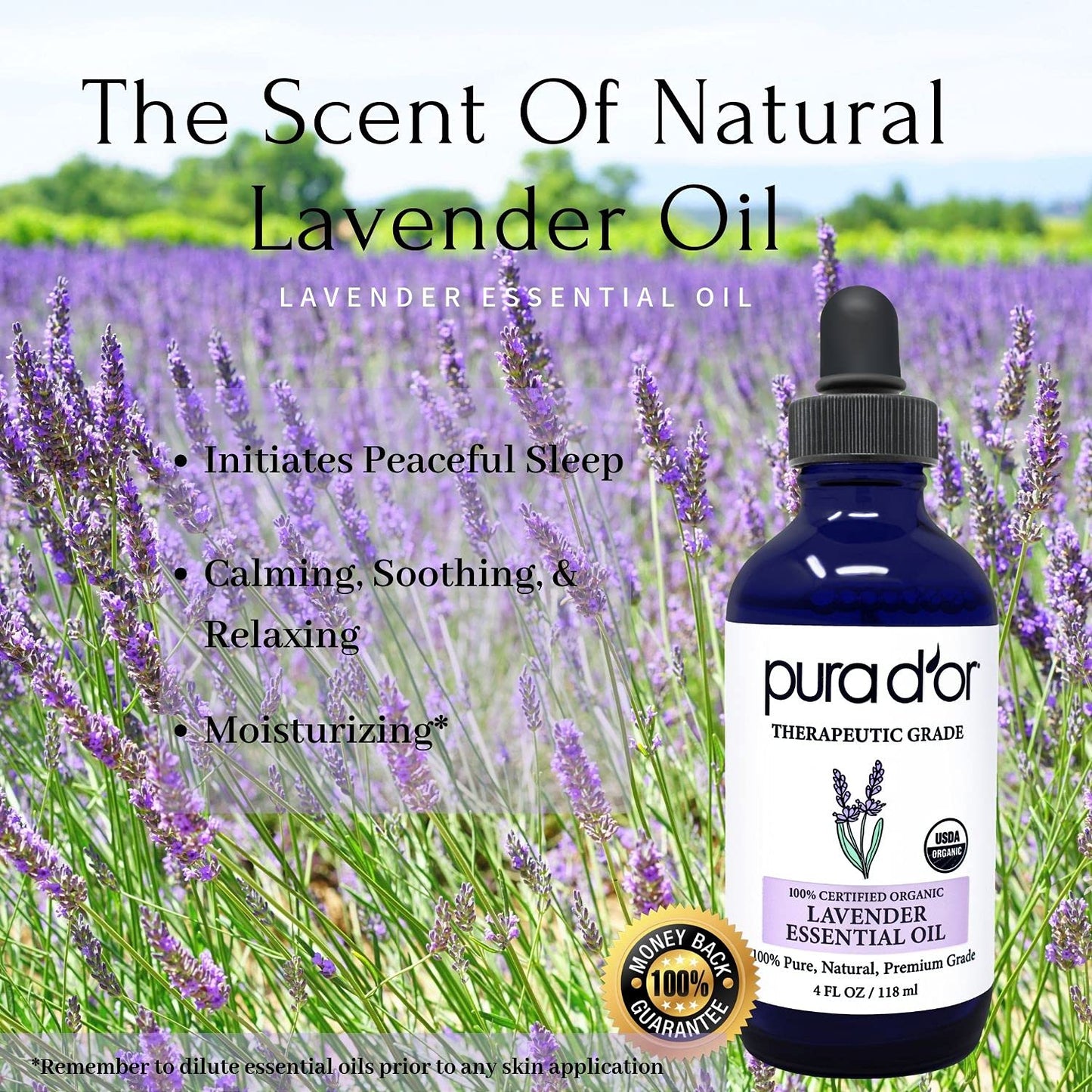 PURA D'OR Organic Lavender Essential Oil (4oz with Glass Dropper) 100% Pure & Natural Therapeutic Grade for Hair, Body, Skin, Aromatherapy Diffuser, Relaxation, Meditation, Massage, Home, DIY Soap