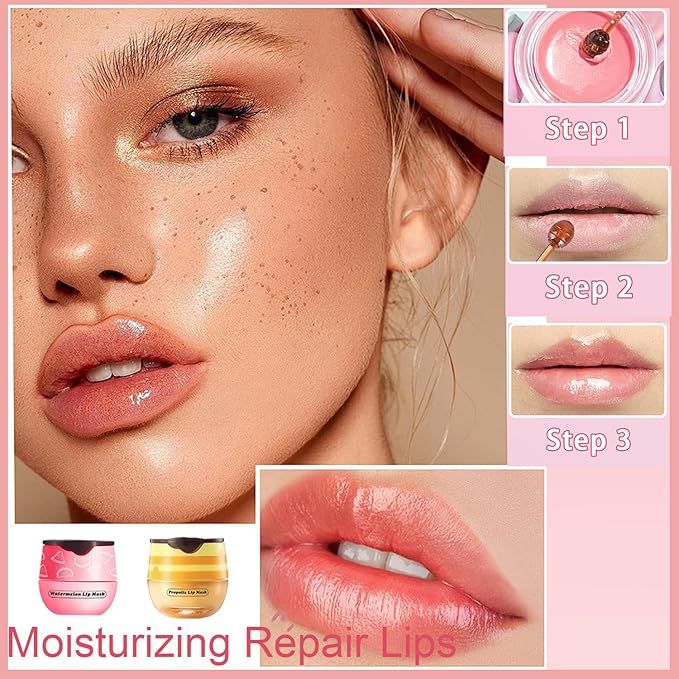 2 PCS Bee Lip Balm Honey Pot, Honey Watermelon Bee Lip Balm Sleeping Lip Mask Overnight with Sticks, Honey Pot Lip Balm Hydrating Exfoliating Prevention Dry and Crack Lip Scrubs