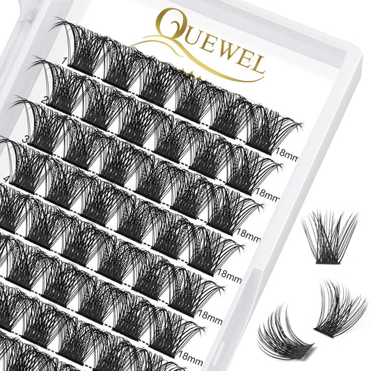 QUEWEL Cluster Lashes 72 Pcs Wide Stem Individual Lashes C/D Curl 8-18mm Length DIY Eyelash Extension False Eyelashes Natural&Mega Styles Soft for Personal Makeup Use at Home (Mega-D-18)