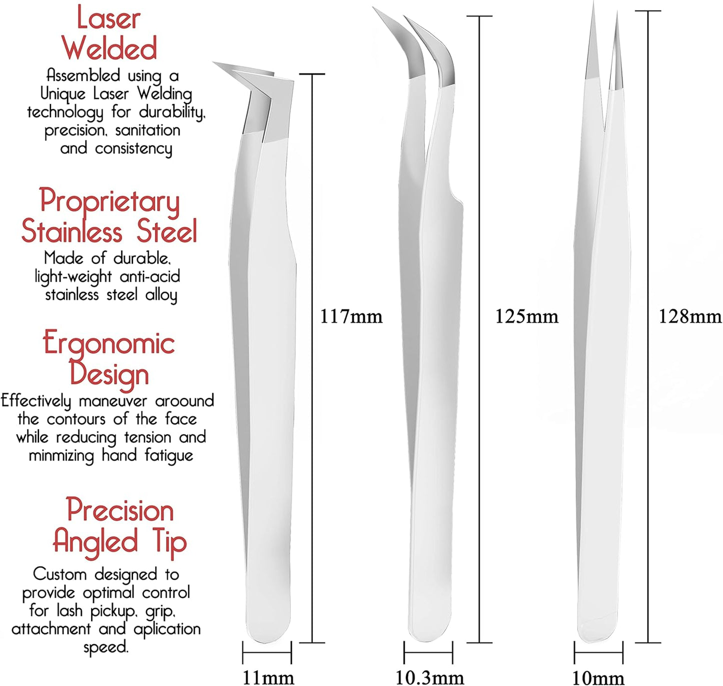 SIVOTE Lash Tweezers for Eyelash Extensions, Hand Calibrated Straight & Curved Tip, Pack of 3, White