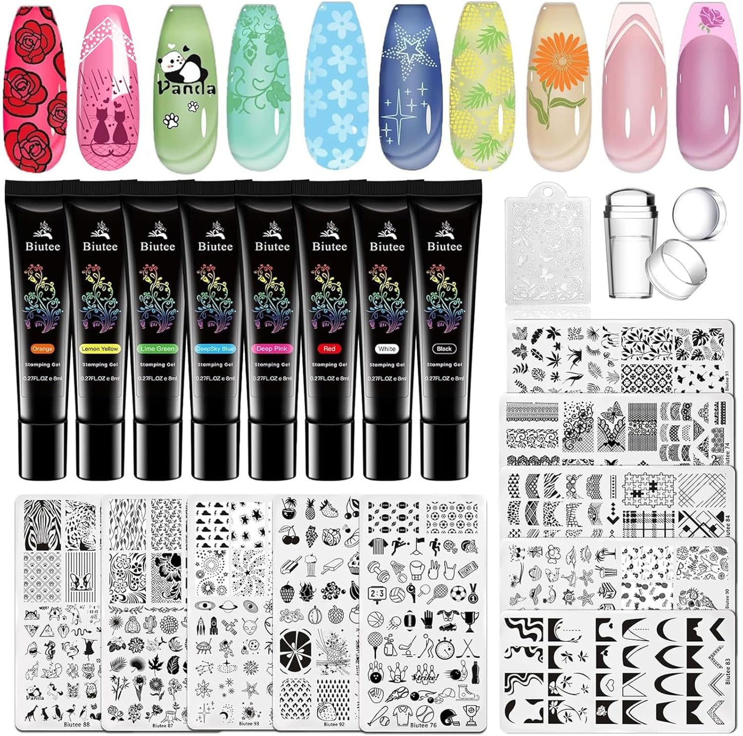 Biutee Nail Stamping Plates Set 8pcs Nail Stamping Polish Gel, 10pcs Nail Stamper Kit with Stamper, Nail Art Plates Set for Women Girls DIY Salon & Home