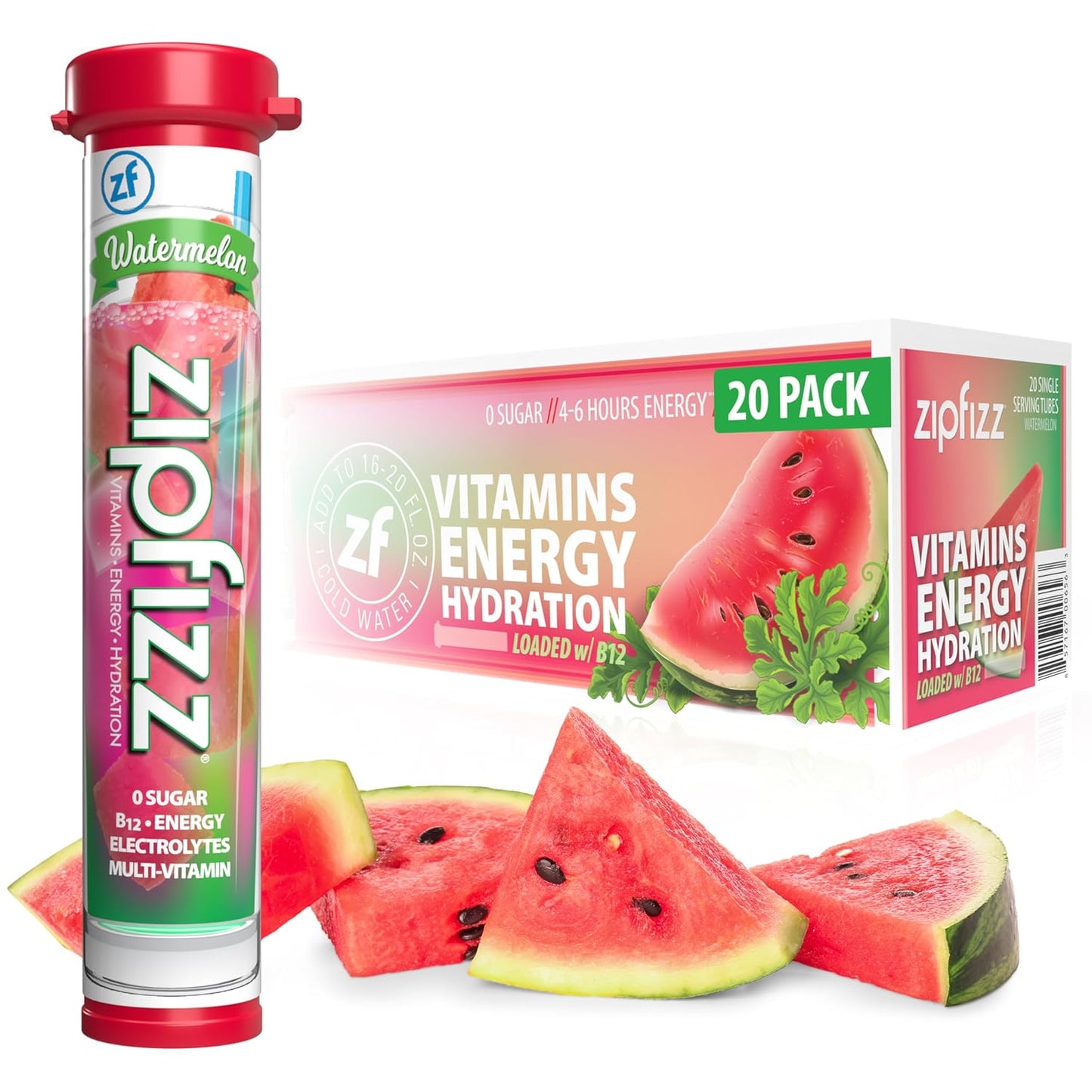 Zipfizz Daily Energy Drink Powder, Watermelon, 20 Pack | 3-in-1 Sustained Energy, Rapid Hydration, and Essential Vitamins | Sugar-Free | Electrolyte Powder | Contains Vitamin B-12 & Antioxidants