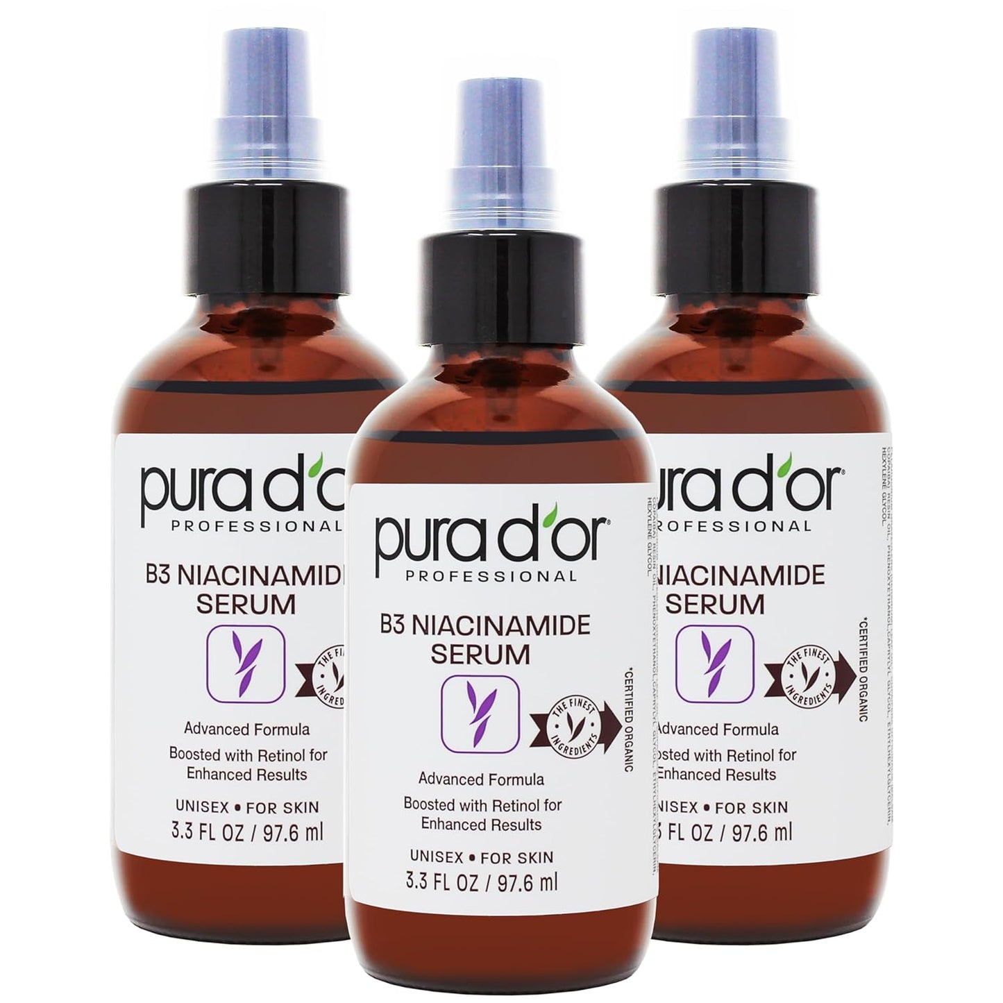 PURA D'OR B3 Niacinamide Advanced Facial Serum (3.3oz x3 = 9.9oz) Skin Care Formula with Retinol For Wrinkles, Hydration & Complexion - All Skin Types, Hypoallergenic - Women & Men