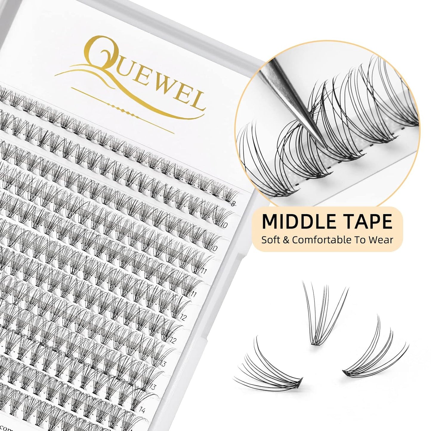 QUEWEL Lash Clusters 240Pcs Cluster Lashes 10D 0.10C Curl 12mm Individual Lashes Soft&Comfortable DIY Eyelash Extension at Home(10D 0.10C 12)
