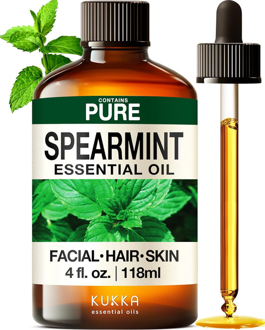Kukka Spearmint Oil for Facial Hair - 4 Fl Oz - Aromatherapy Spearmint Essential Oil for Skin & Hair Care, Diffuser, Bath Bombs, Soaps and Candles, DIY Soap Making Scents