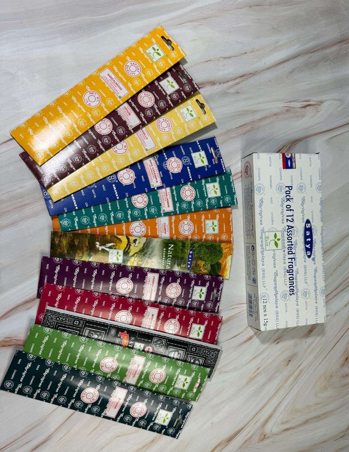 Satya Incense 15g Set of 12 Nag Champa, Super Hit, Sacred Sandalwood, Pure Patchouli, Mystic Rose, Vanilla, Prana, Natural, French Lavender, Opium, Egyptian Jasmine, Champa, VarietyPack01