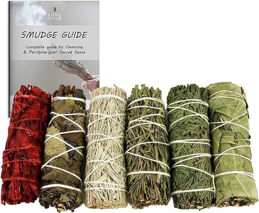 SOUL STICKS Smudge Stick Variety Gift Set | Bulk Sage Bundles for Space Cleansing | Smudging Wand Gift Set with Smudge Guide (Essential Sage, 6 Pack)