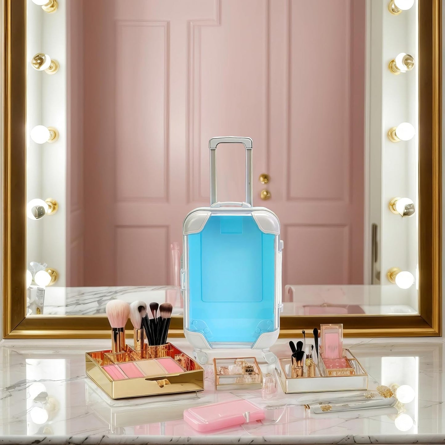 False Eyelash Storage Box, Portable Travel Organizer Mini Luggage False Eyelash Tray Makeup Tool (BLUE)