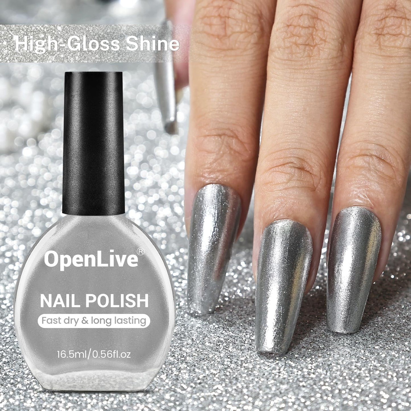 16.5ml Glitter Silver Nail Polish Large Volume Quick Dry Nail Polish, Long Lasting Shine, Fingernail Toenail Nail Art DIY Home Travel Nail Art Gift