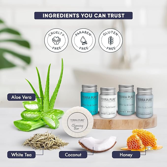 Terra Pure White Tea & Coconut Hotel Size Toiletries Set | 1-Shoppe All-In-Kit | 1 oz. Liquids and 1.25 oz. Bar Soap | Amenities For Hotels, Airbnb & Rentals | (75 pieces)