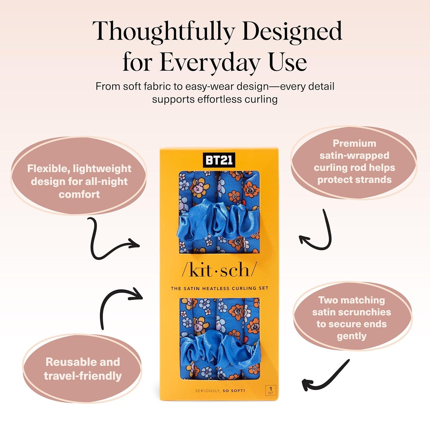 BT21 x Kitsch Satin Heatless Hair Curler Set - Heatless Curls Overnight, Hair Rollers for Soft Curls & Frizz-Free Styling, No Heat Curlers To Sleep in, Curling Rod Headband for Overnight Curl - BT21