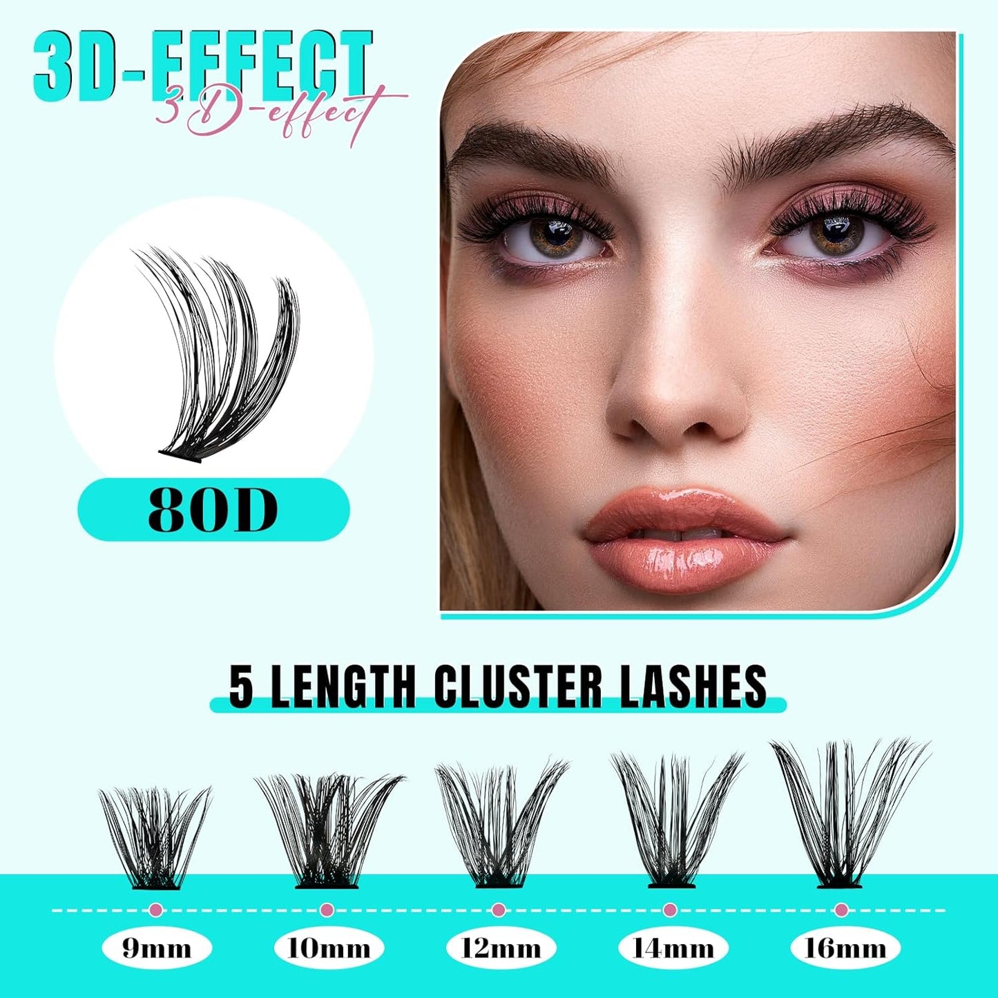 Lash Extension Kit 200PCS Lash Clusters Mix Eyelash Extension Kit with Waterproof Lash Bond and Remover,Individual Lashes with Lash Tweezers for Beginners at Home(80D,D-Mix9-16mm)