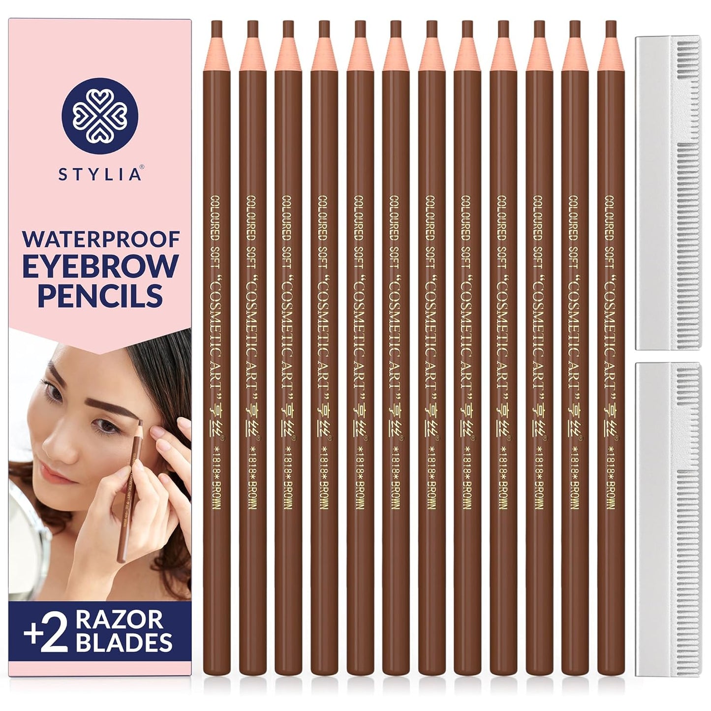 Stylia Waterproof Eyebrow Pencils For Women – Long-Lasting Microblading Supplies Brow Pencil, Perfect for Eyebrow Shaper, Filling & Defining Natural-Looking Brow - (12PC Light Brown)