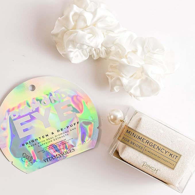 Bride Gift Box - Bride to Be Gift Set for Bridal Shower, Engagement Party, Bachelorette Party, Wedding Shower - White Silk Sateen Hair Scrunchies, Diamond Eye Mask, Bride Emergancy Kit