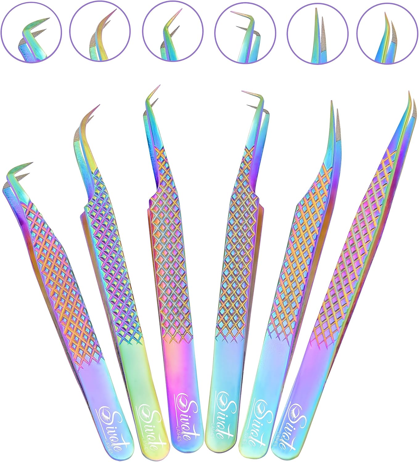 SIVOTE Eyelash Extension Tweezers Fiber Tips, Set of 6, Curved, Dolphin, 90 Degree 45 Degree, Volume Boot & Slight Curved Tweezer, Rainbow