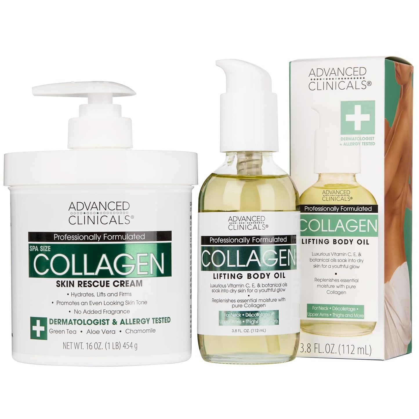 Advanced Clinicals Collagen Body Oil + Unscented Collagen Cream Body Lotion & Face Cream 2PC Beauty Skin Care Set For Women & Men For Improving Appearance Of Crepey Skin, Dry Skin, & Wrinkles, 2pc