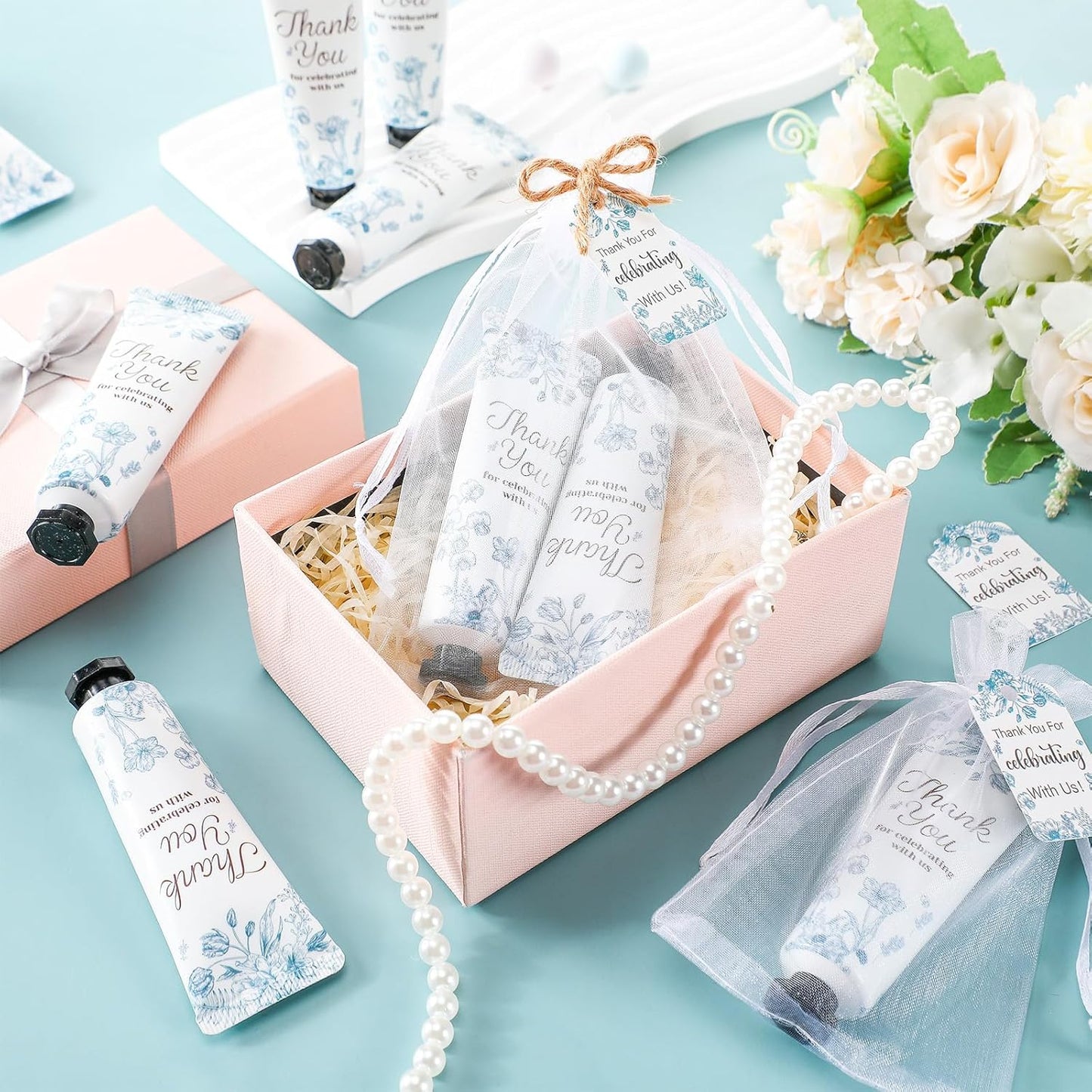 48 Sets Baby Shower Hand Cream Party Favors for Guests Gift Bulk Travel Size Hand Lotion Set for Baby Shower Wedding Christmas(Blue Flower)