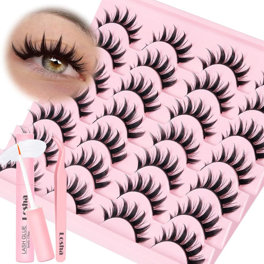 Losha Lashes Spiky Manga Lashes 14 Pairs Anime False Eyelashes 8D Wispy Eye Lashes Kit with Lash Glue and Lash Tweezers Natural Soft Fake Eyelashes (Cutes)