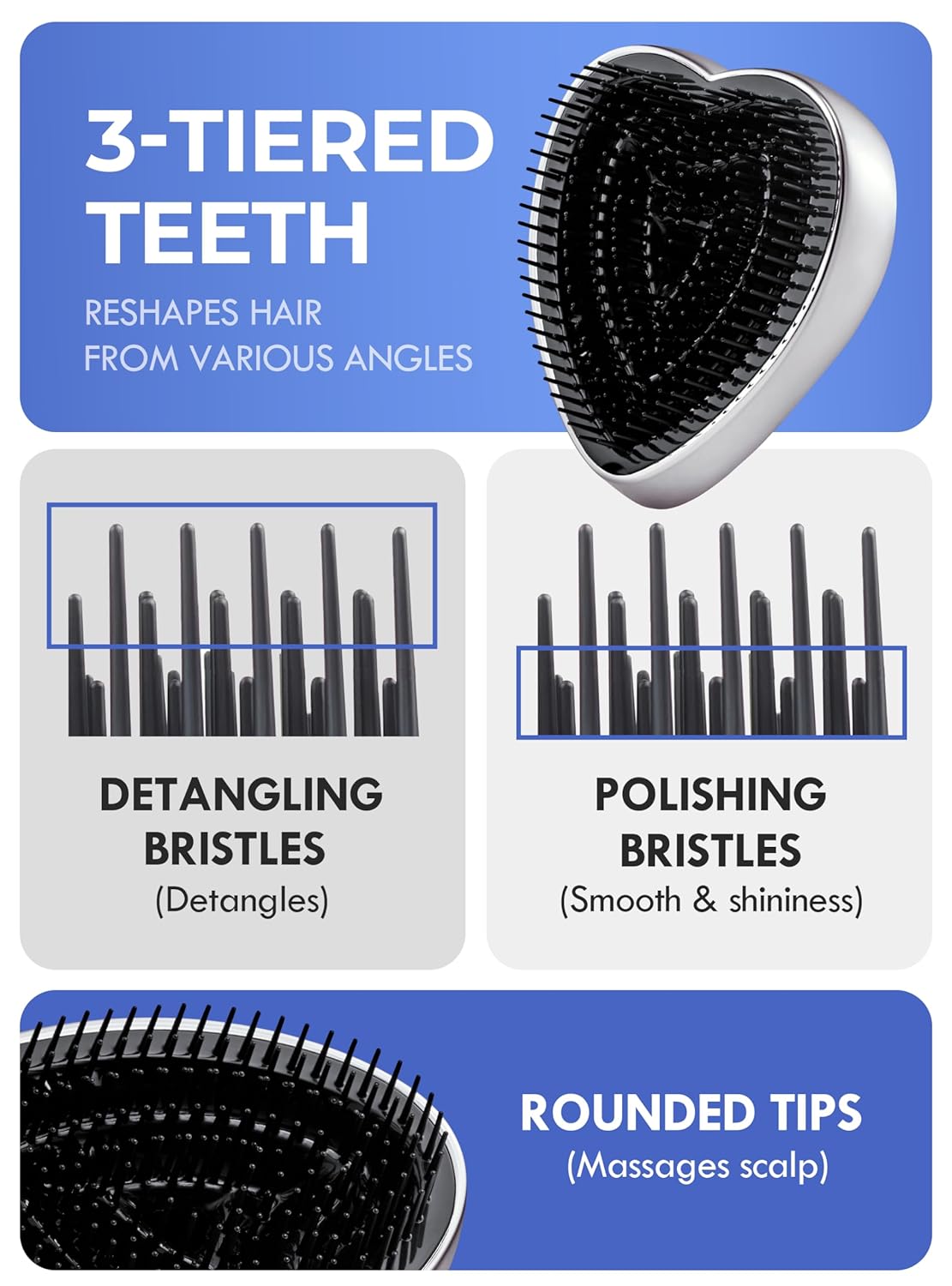 ReFa Heart Brush SILVER | Heart Shaped Hair Brush for Women | No Tangle Hair Brush | Small Hair Brush for Thick Hair | Hair Detangler Hair Brush Travel Hair Brush