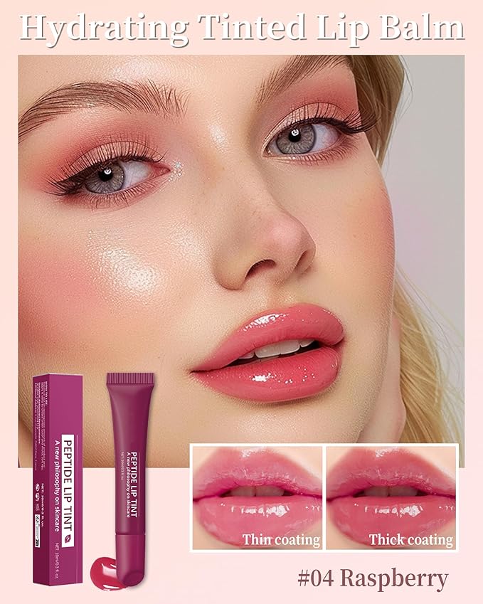 Tinted Lip Balm-1Pcs Raspberry Peptide Hydrating Lip Tint Moisturizer,Jelly Glossier Lip Treatment Balm,Non-Stick Lip Care Glow Reviver Lip Oil,Yummy Glowy Lip Gloss,Thanksgiving Makeup for Women-04