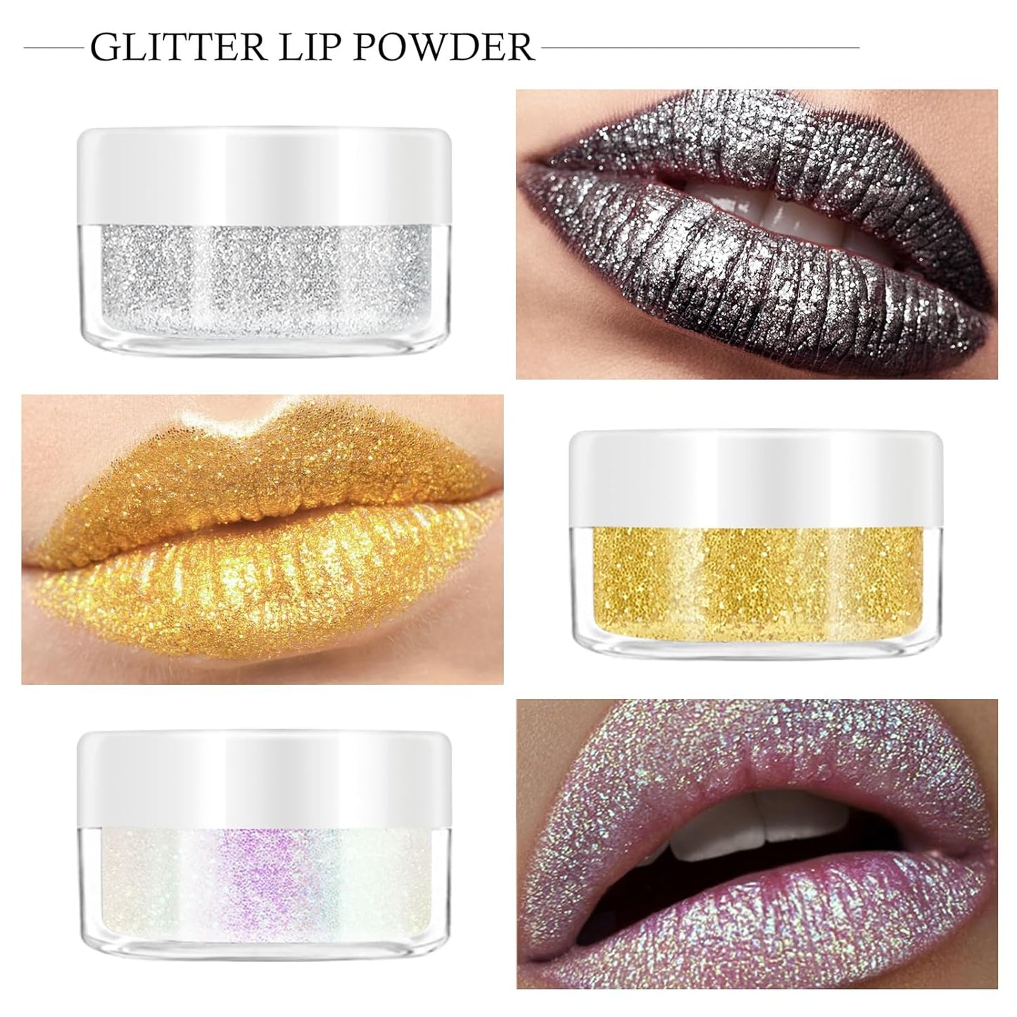 KYDA 3 Colors Glitter Lip Kit, Diamond Metllic High Pigmented Powder for Lips Cosmetics, Glitter Lips Makeup,with Lip Primer and Brush, Long Wear-Set D