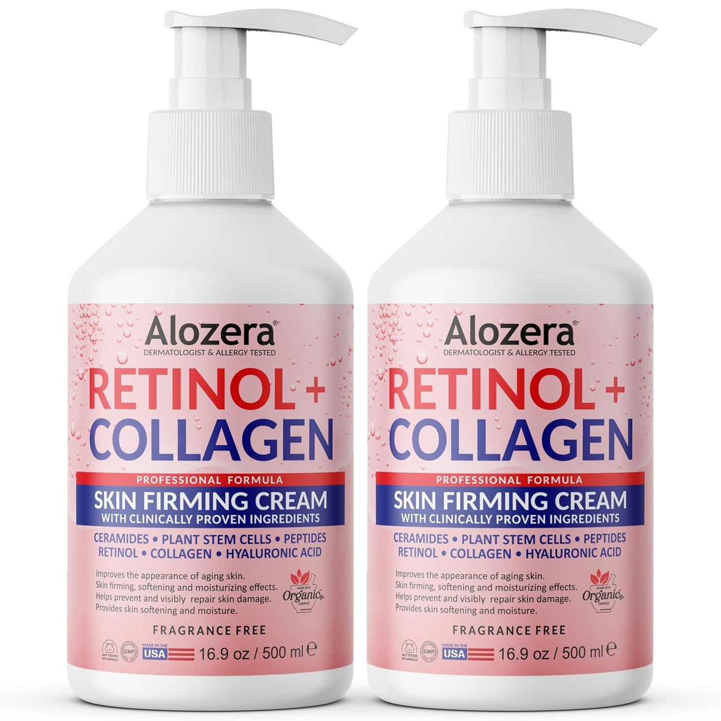Skin Firming Retinol Collagen Body Lotion with Stem Cells for Aging Skin and Wrinkles, Non-Greasy, Lightweight Moisturizer, Fragrance-Free, 16.9 oz 2-Pack