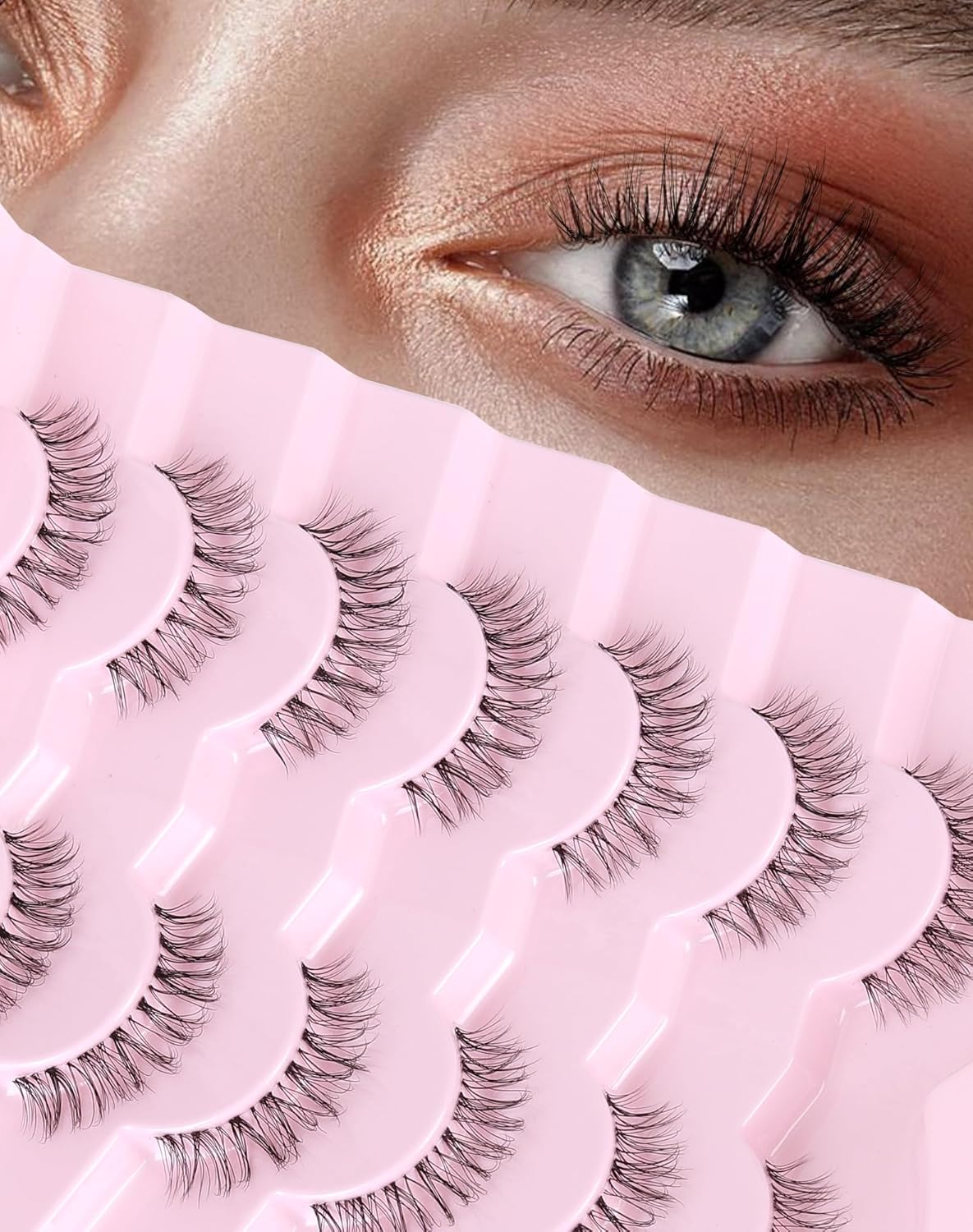 Short Lashes Natural Look Everyday Wispy False Eyelashes Clear Band Strip Eyelash Soft Lashes Fluffy Pack 7 Pairs SF-01