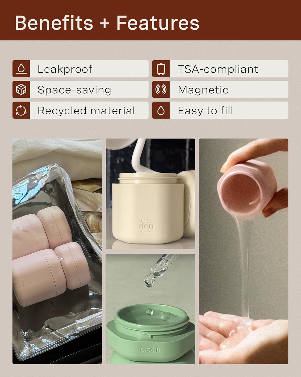 Cadence Travel Containers - Core Skincare Set - Magnetic Containers with Lids,2 Small (0.56oz) & 3 Medium (1.32oz) - Cleanser, Moisturizer, Serum, Makeup Remover & Sun Icon Labels - Charcoal