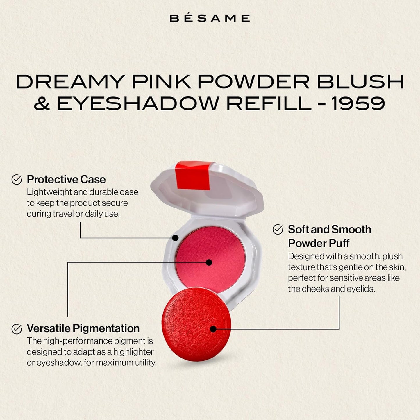 Besame Dreamy Pink Powder Blush & Eyeshadow 1959 Refill | Fits Signature Compacts Post-2019 | Deep Fuchsia Pink | 1950s Inspired Beauty | 2-In-1 Cheek & Eyelid Highlighter | Sustainable Beauty Routine