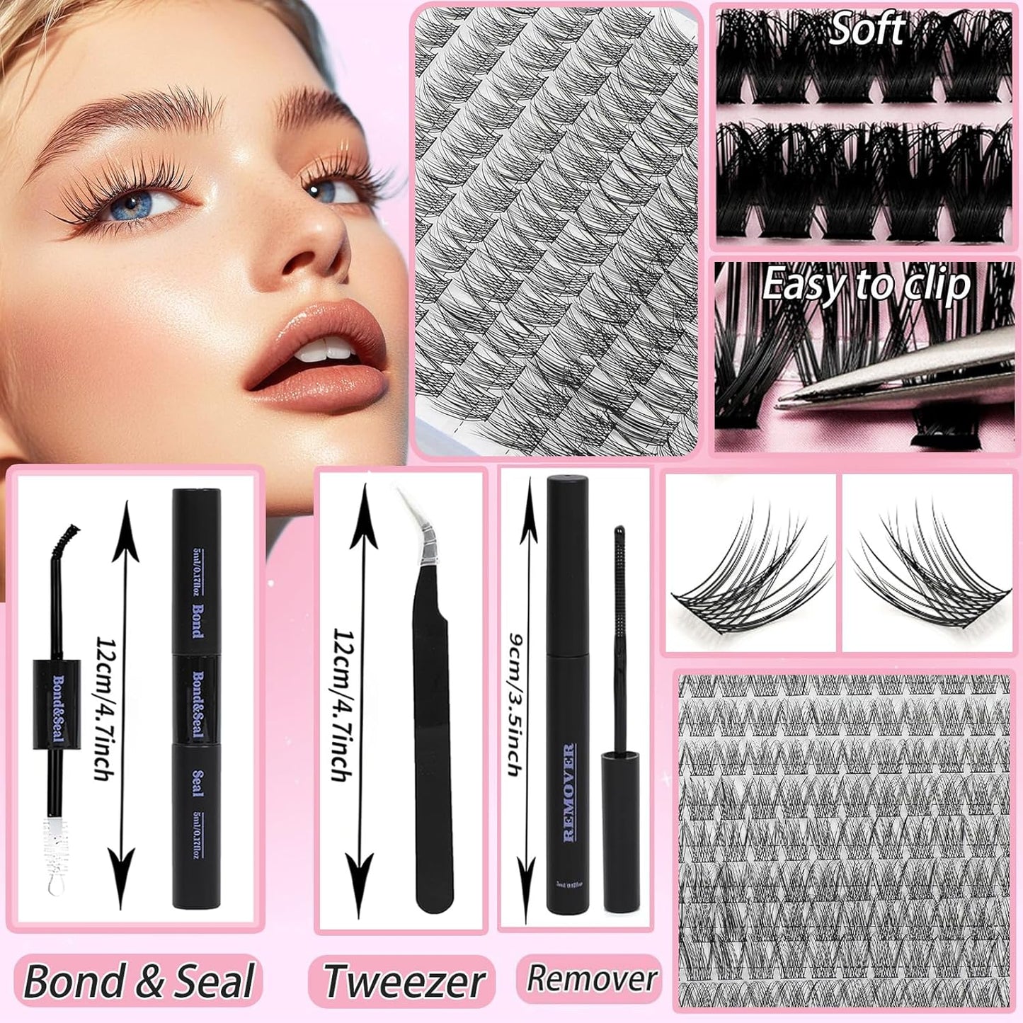 Lash Clusters Kit, Eyelash Clusters Individual Lash Extension Kit D Curl Fluffy Wispy False Eyelashes Extensions Thin Band with Bond Seal Tweezers Brush (SMY08 8-16mm)
