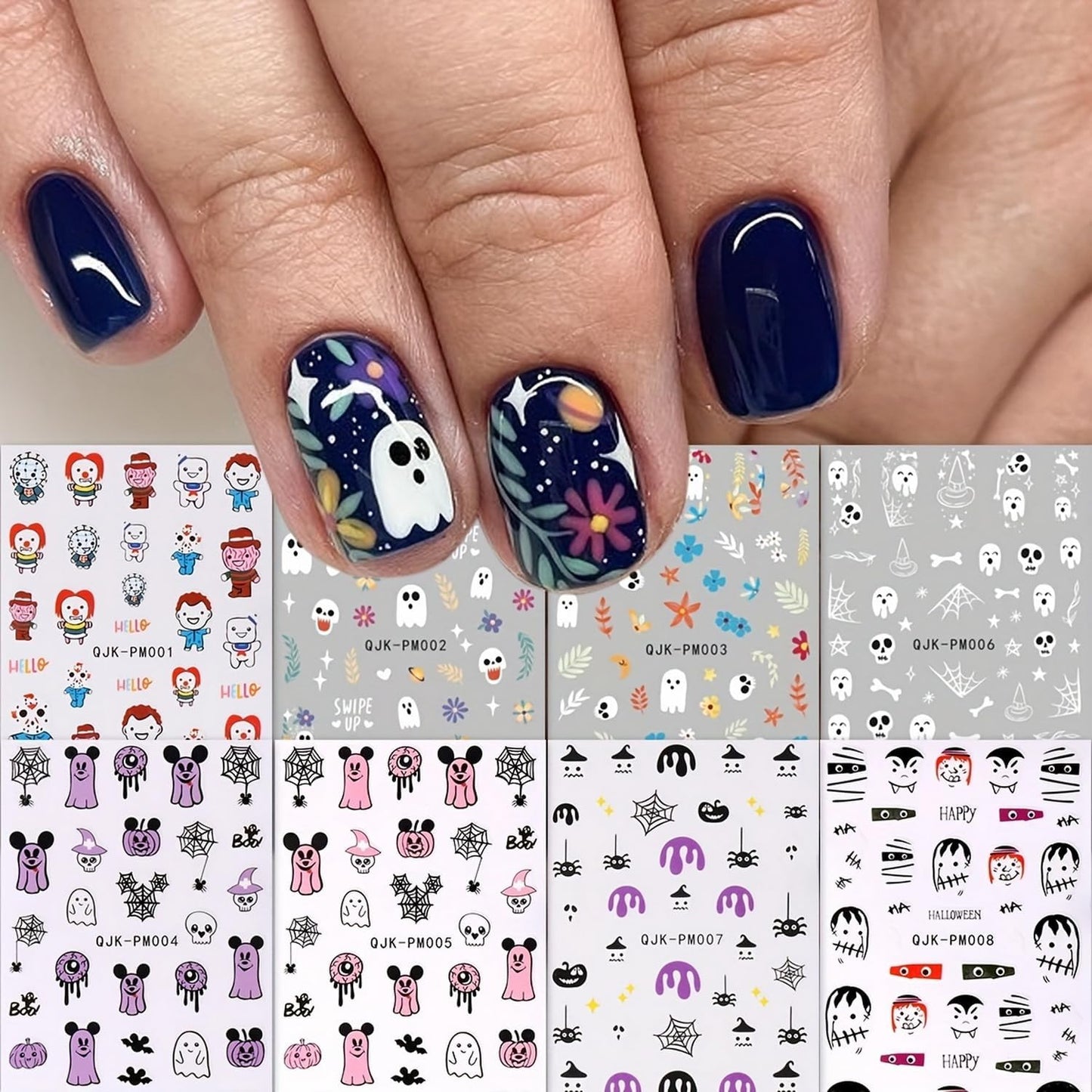 Halloween Nail Art Stickers 8 Sheets Cute Ghost Pumpkin 3D Self-Adhesive Nail Decals Q-Version Horror Movie Characters Skull Spider Web Nail Decorations Fall DIY Nail Supplies for Women Girls&Kids
