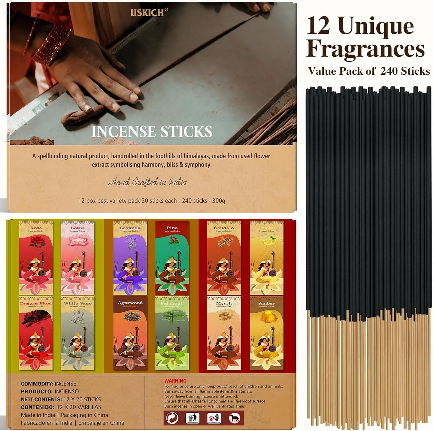 Incense Sticks Variety Pack-240 Insence-Sticks (12Incents x 20 Insense) -White Sage Palo Santo Dragons Blood Sandalo-Natural Inscents-Sticks Non Toxic Cleansing Incienso＋Slow Burning Inscents