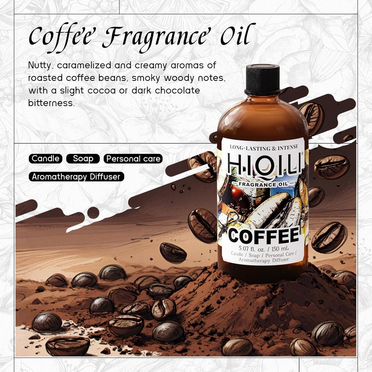 HIQILI Coffee Fragrance Oil for Scent Diffuser & Humidifier, Perfect for Candle, Soap, Perfume Making, New Car & Home - 5.07 Fl Oz