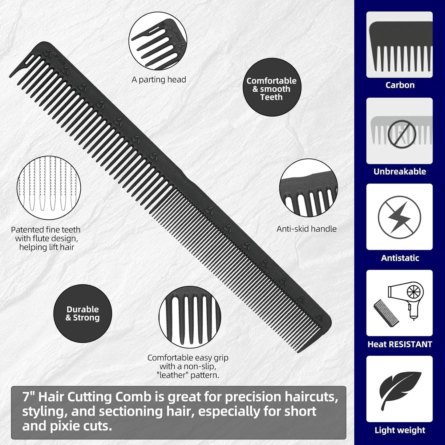 PERFEHAIR 2-Pack Professional Round Tooth Hair Cutting Comb - 7 Inch, Black Carbon Fiber Anti-Static & Heat Resistant, Durable Barber Combs with Fine & Wide Tooth for Precise Haircut for Men & Women