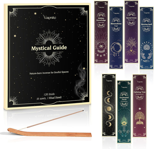 Mystical Guide Incense Sticks Variety Pack of 6 (120 Insence-Sticks) with Holder: Patchouli, Lavender, Sandalwood, Cinnamon, Lemongrass, Sage Inscents-Stick, Organic Incense Stick Non Toxic