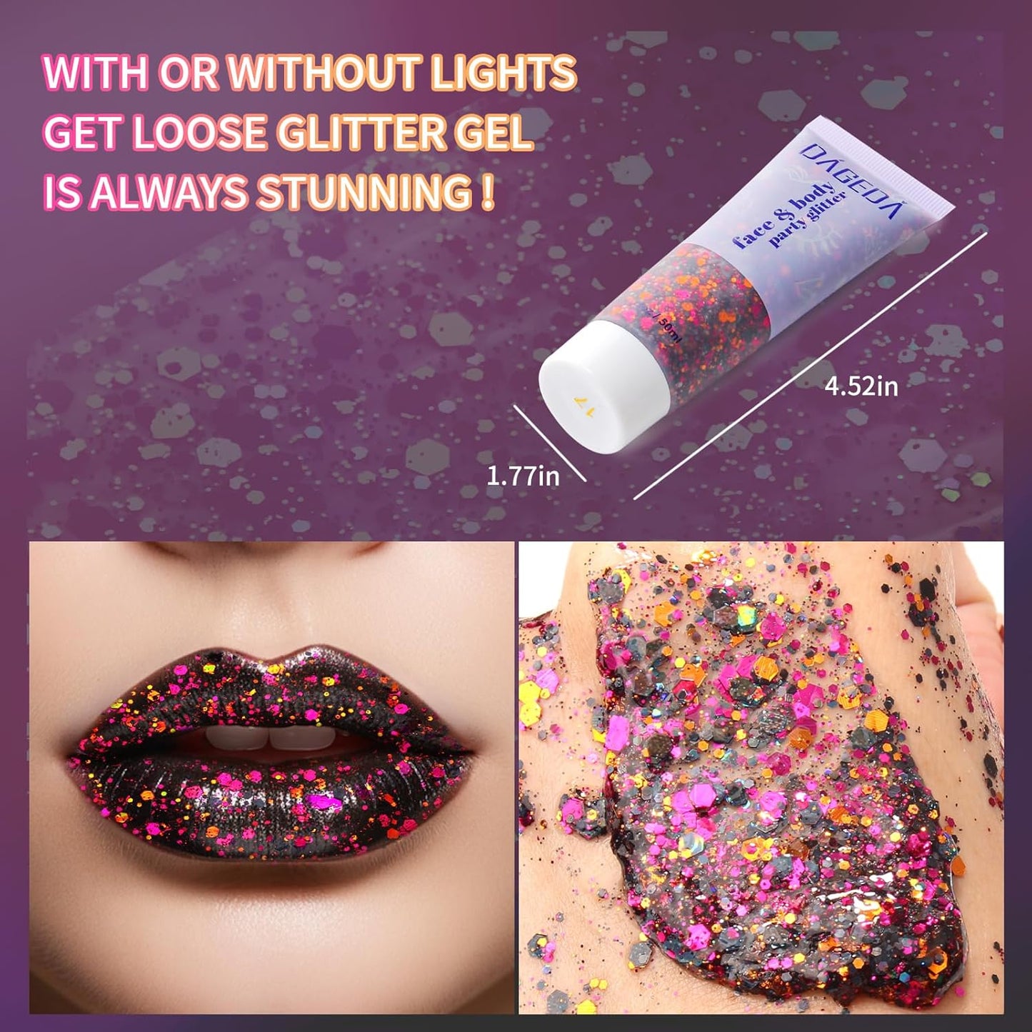 DAGEDA Halloween Black Body Glitter Gel, Face Hair Glitter Body Shimmer, Halloween Costume Accessories Chunky Glitters Eyeshadow, Holographic Cosmetic Sequins Festival Outfits for Women 50ml