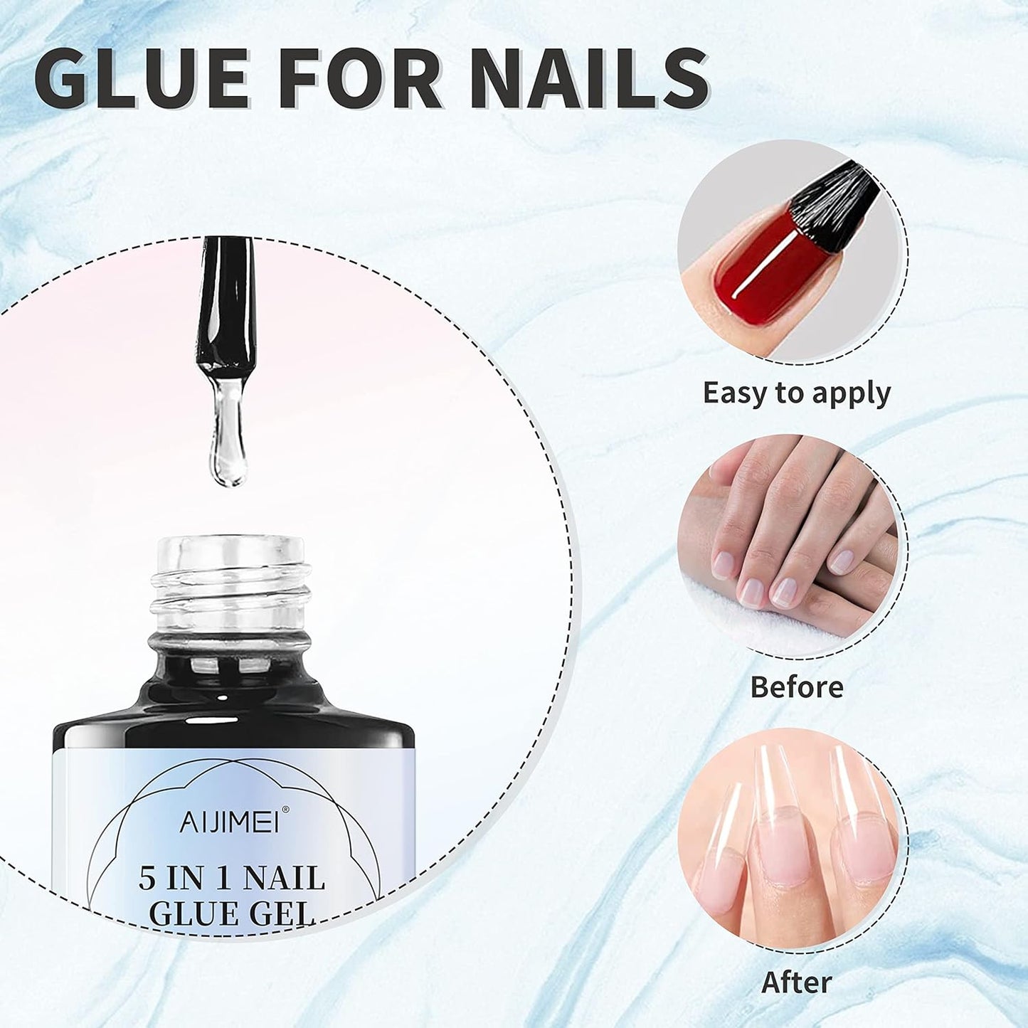 5-in-1 Nail Glue Gel: Clear Press-On Nail Adhesive, Base & Top Coat, Rhinestone Glue, and Nail Strengthener - UV Cure Required (2PCS)