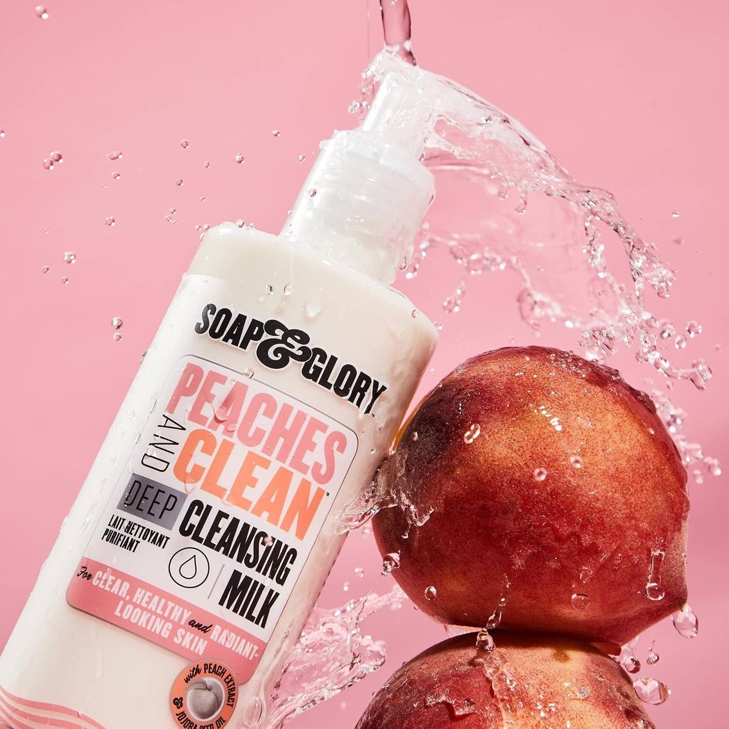 Soap & Glory Peaches & Clean Deep Cleansing Milk - 4 in 1 Milk Cleanser & Makeup Remover with Peach Extract, Ginseng & Jojoba Oil - Hydrating Facial Cleanser for Clarified & Energized Skin (350ml)