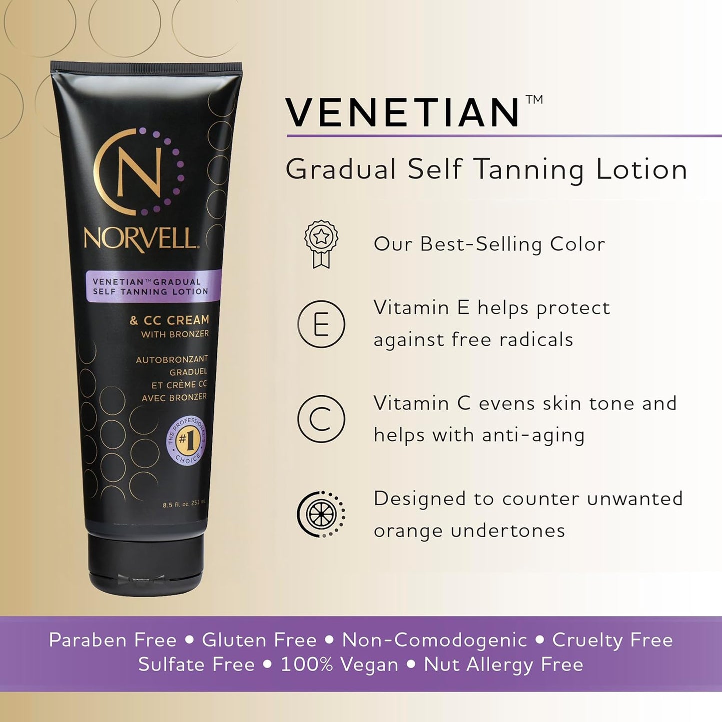 Norvell Venetian Sunless Self Tanner Gradual Color Extender Lotion 8.5 fl oz – Moisturizing Self Tanning Cream with Violet & Brown Tones, Instant Bronzer, Natural Fake Tan
