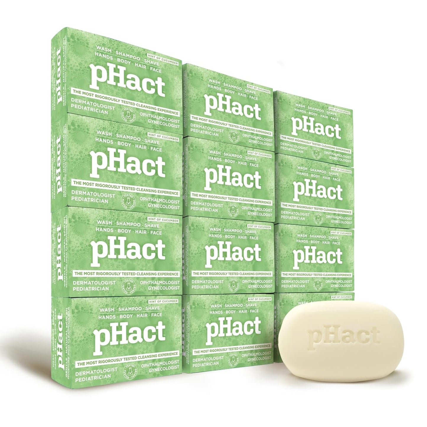 ANDREW LESSMAN pHact Moisture-Rich, Soap-Free Cleansing Bar Cucumber. Natural Skin pH. All Skin Types - Even Sensitive Skin. Hypoallergenic. Dermatologist Tested. 12 - Pack 4.25 oz each
