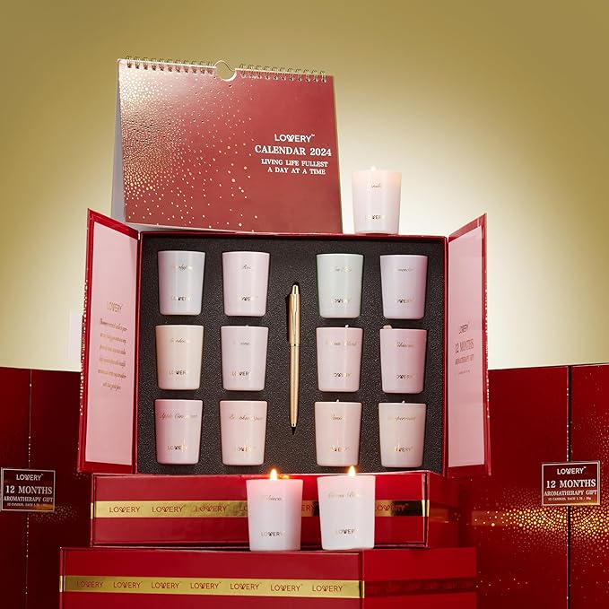 Womens Gifts, Candle Gifts for Women with 2024 Wall Calendar, 12 Unique Scented Aromatherapy Soy Candles & Gold Pen, 12 Month Advent Calendar, Home Candle Birthday Gift Set for Women & Men
